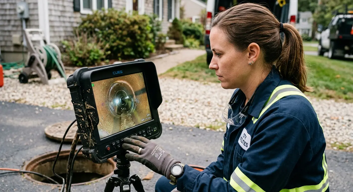 Technician reviewing sewer camera inspection footage in Firestone