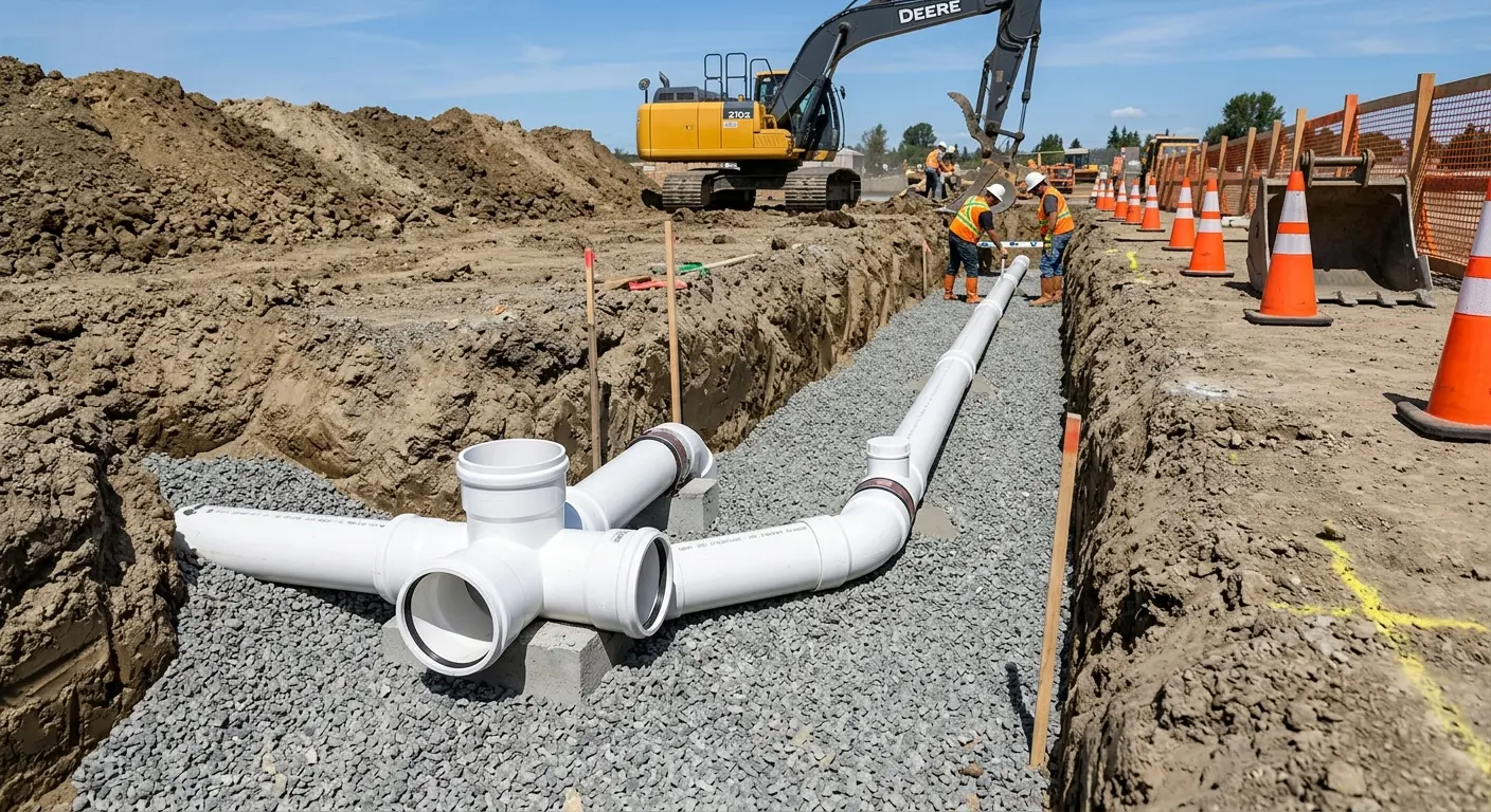 New PVC sewer pipe installation in open trench for Grease Trap Cleaning in Firestone