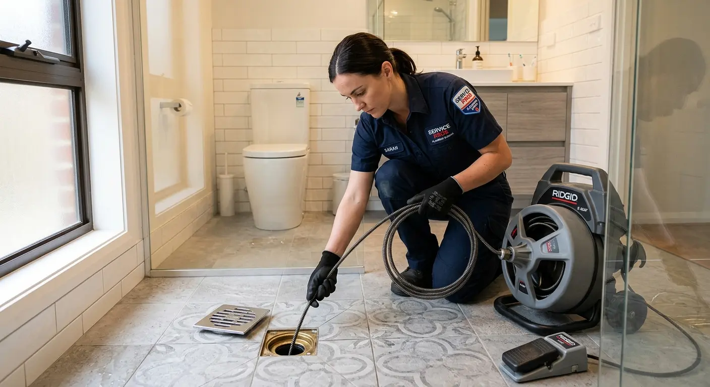 Technician clearing a bathroom floor drain for Drain Cleaning in Firestone